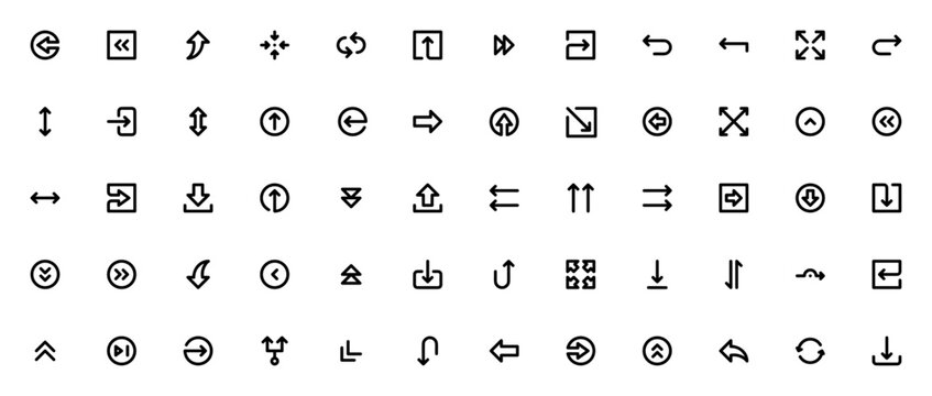 Arrow icon set. Minimal thin line arrows pack. Featuring left, right, up, down, download, upload, refresh, minimize, maximize, login, reply and more. Editable vector stroke.