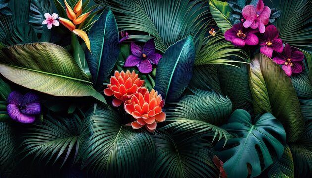 Banner From Tropical Plants And Exotic Flowers