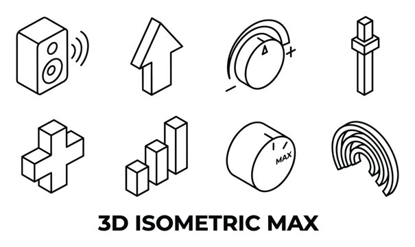3d isometric icons representing sound system components and audio volume controls at maximum setting.
