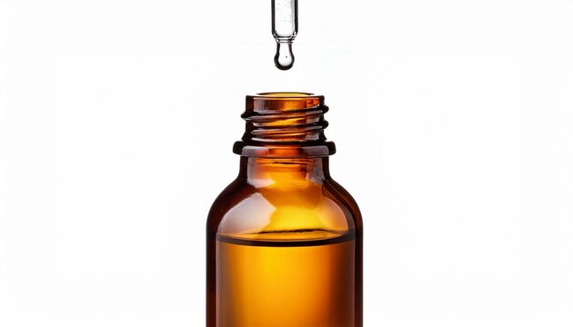 Amber Glass Dropper Bottle With Serum Droplet Isolated On White Background