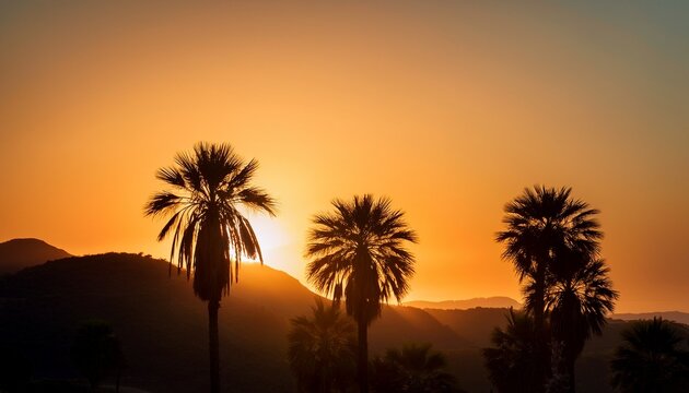 Palm Trees Silhouetted In The Sunset Against Hills