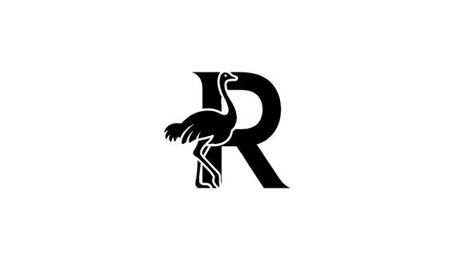 Black and white ostrich shaped letter R logo design.