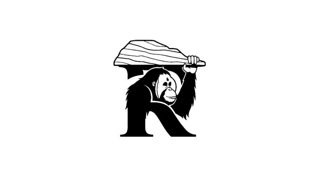Black and white gorilla carrying wooden beam illustration.