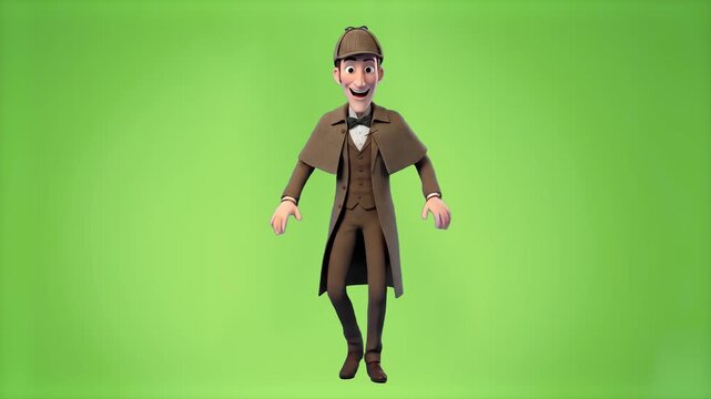 A stylized 3D animated character of the famous detective Sherlock Holmes, in a deerstalker hat and trench coat, dances with an eccentric expression. The investigator is isolated on a green chroma key 
