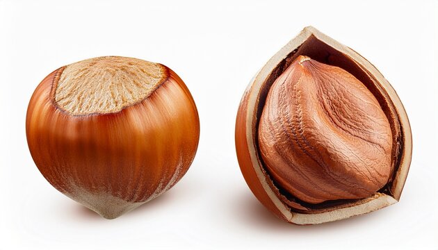 A Whole Hazelnut And A Cracked Hazelnut Revealing The Kernel Inside Isolated On A White Background