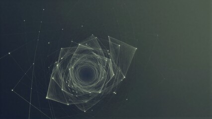 Fototapeta premium Abstract spiral with glowing dots and translucent layers against a dark gradient background.