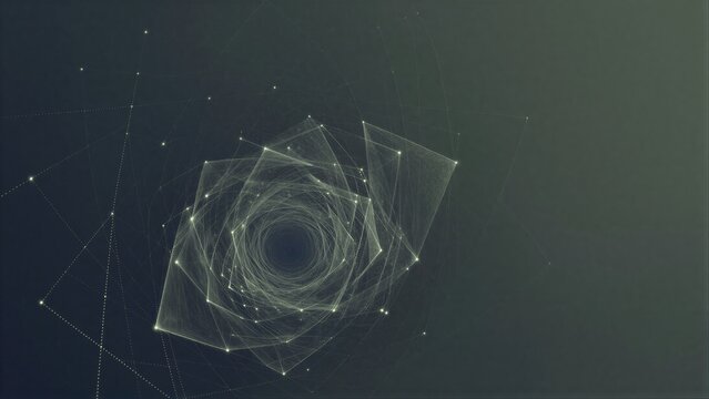 Abstract spiral with glowing dots and translucent layers against a dark gradient background.