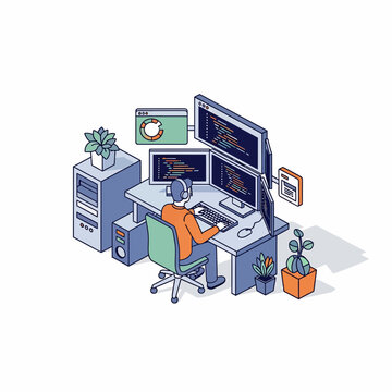 Male coder at desk using many screens to write code on a big computer in office