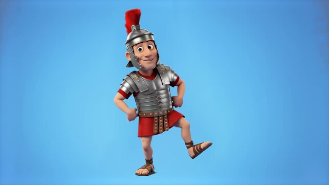 A cheerful 3D animated Roman legionary soldier wearing silver armor and a plumed galea helmet performs a comical dance routine against a solid blue backdrop. Ideal for history animations, historical g