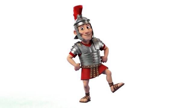 A cheerful 3D cartoon Roman soldier or centurion wearing traditional silver armor, a red tunic, and a plumed galea helmet executing a lively dance move on a white background. Ideal for gaming assets, 