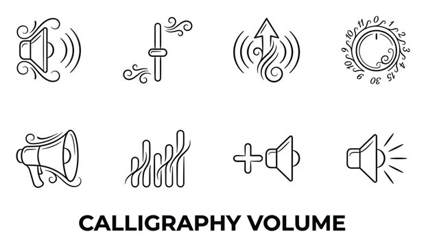 Calligraphy volume icons with speaker slider volume knob and sound bar increase symbols.
