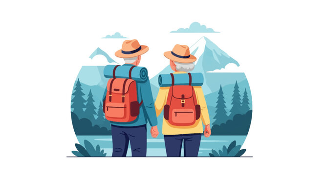 Vector illustration of a senior man and woman from behind wearing sun hats and orange backpacks holding hands while looking at a blue mountain range and forest landscape.