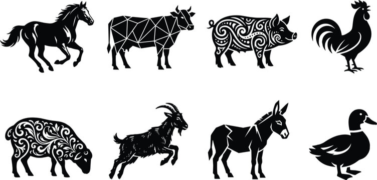 Set of stylized farm animal silhouettes including horse, cow, pig, rooster, sheep, goat, donkey and duck vector