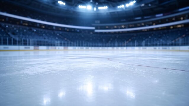 icerink. An empty ice rink with a pristine white surface and soft blue lighting. event key visuals, club posters, designed for sports event promotions and stadium branding.