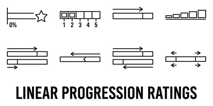 Diverse linear progression rating elements showing progress from zero to full completion.