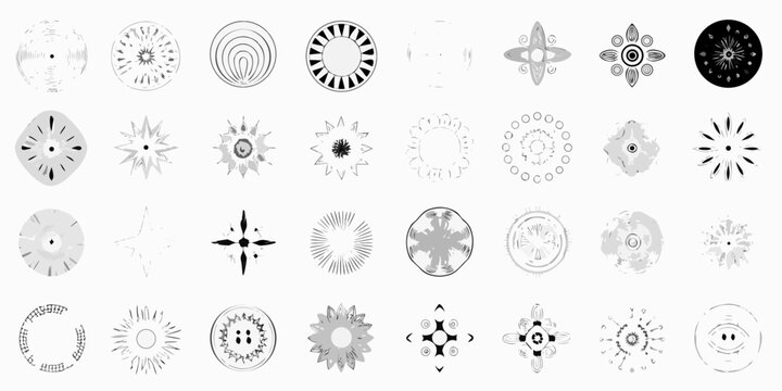 Celestial sun and moon designs grayscale vector illustration grid