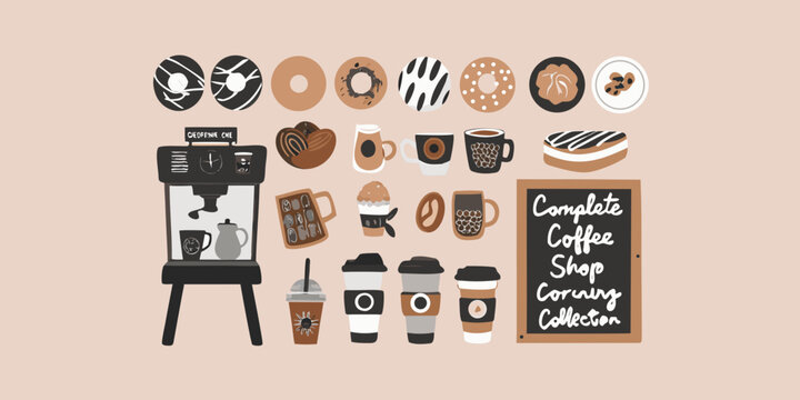 Coffee shop collection vector illustration with donuts cups and espresso machine
