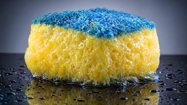 hygroscopic. A water-soaked sponge expanding with reflective surface and droplets. STEM education sheets, lab safety posters, designed for STEM education and laboratory safety posters.