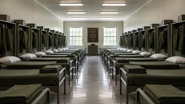 barracks. Military barracks interior with perfectly aligned beds and uniformly folded blankets. event key visuals, club posters, designed for fitness apps and gym onboarding.