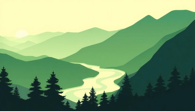 Serene green mountain landscape with winding river and evergreen forest