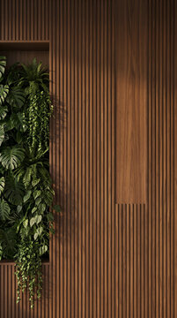 Luxurious vertical background blending deep walnut fluted millwork with an organic living wall. Features expansive copy space and rich wood textures, perfect for modern interior design, premium brandi