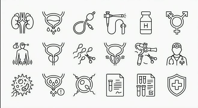 Minimal Urology Medical Line Icon Collection with Reproductive Health and Urinary System Symbols