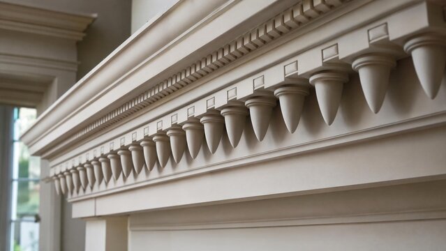 entablature. Classical architecture cornice featuring conical guttae details under soft window light. real-estate listings.