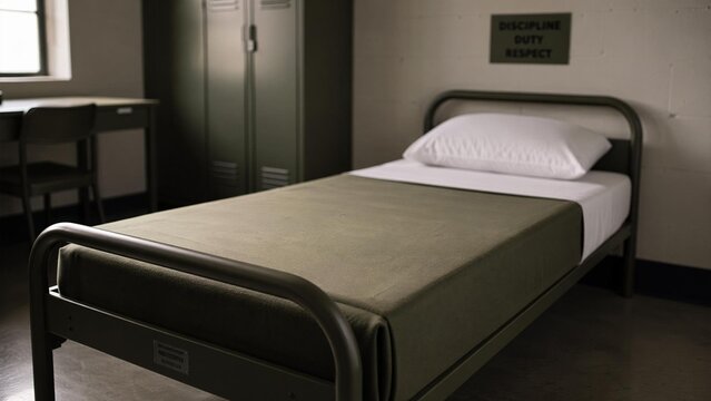 barracks. Military barracks with a single bed and a precisely folded blanket. real-estate listings, architecture portfolios, designed for architectural facade and classical detail presentations.