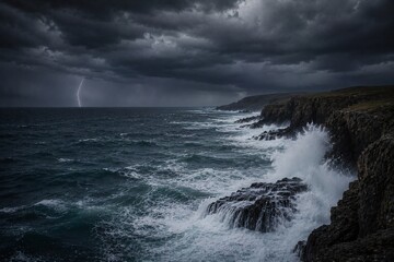 Fototapeta premium Lightning Storm Over Rugged Coastal Cliffs and Turbulent Ocean Waves