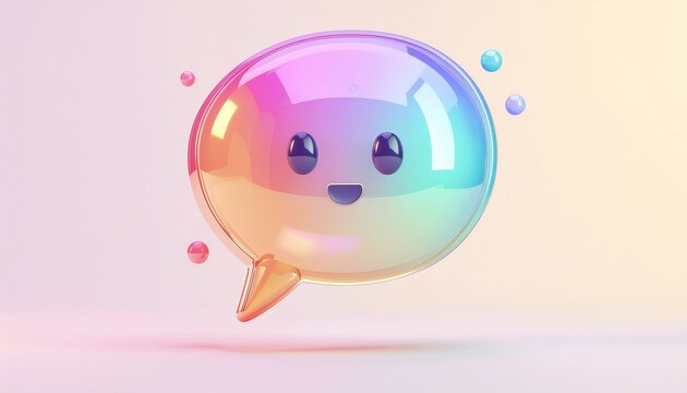 A cheerful cartoon bubble floats in mid-air with a smiling face and colorful gradient.