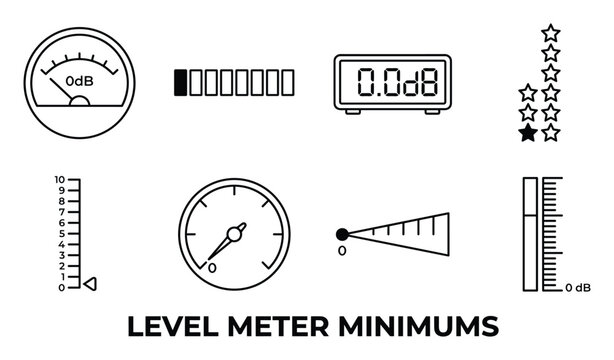 Level meter icons showing audio input and output at minimum settings and zero decibel reference point.