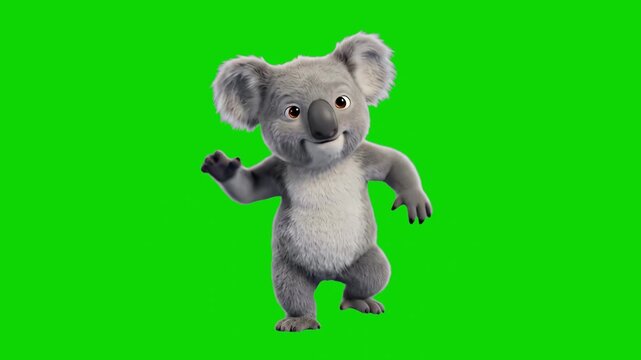 A stylized 3D animated koala bear dancing with joyful gestures, isolated on a solid chroma key green screen. This production-ready asset allows editors to easily composite the dancing character into a