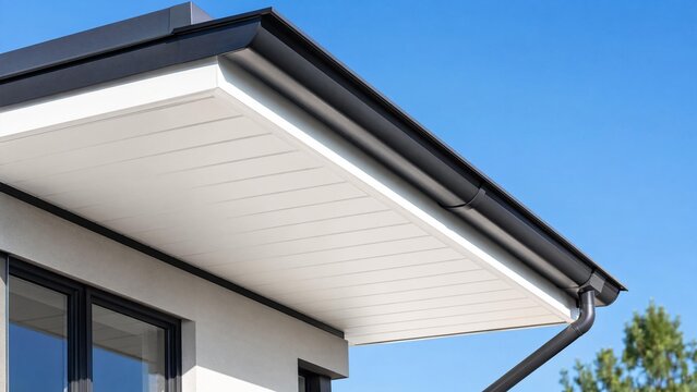 soffit. Clean white soffit board under eaves contrasting with dark rain gutter. real-estate listings, architecture portfolios, designed for real-estate listing and luxury residence showcases.