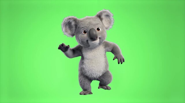 A detailed 3D animated plush koala bear dancing cheerfully with expressive movements. The character performs against a soft, light green gradient background, suitable for children's entertainment, adv