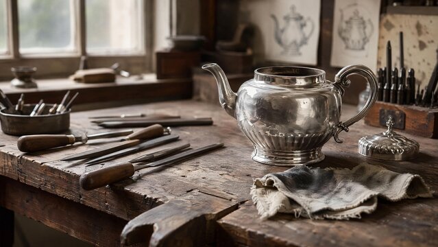 silversmith. Silversmith's wooden workbench with tools and a gleaming silver teapot in progress, soft window light. safety posters.