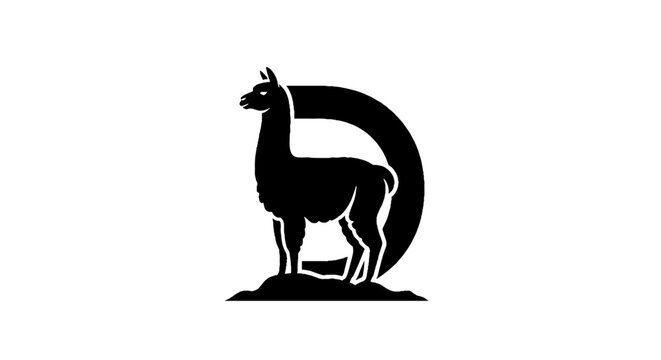 Silhouette of a standing llama with curved tail design.