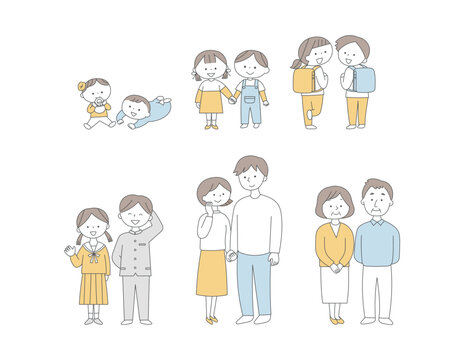 年齢別に並んだ男女の成長イメージイラスト単色