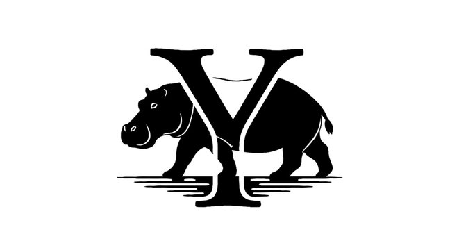 Hippo and Letter V Black Silhouette Design.