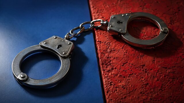 restraint. A pair of handcuffs on contrasting blue and red surfaces, symbolic separation. wellbeing guides, coaching materials, designed for coaching and self-improvement content.