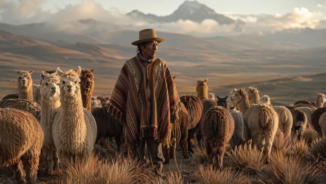 poncho. Shepherd in a woven poncho with alpacas on a misty mountain plain. wildlife magazines, conservation campaigns, designed for wildlife conservation campaigns, used by data scientists.