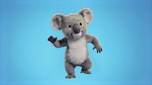 An adorable fluffy 3D animated koala bear waves its paw and dances happily. The stylized wildlife character is isolated on a soft blue background.
