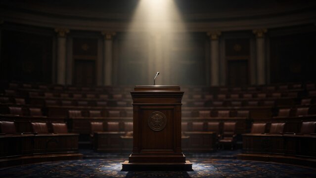 legislative. A solemn podium illuminated by a single dramatic light in an empty legislative chamber. real-estate listings.