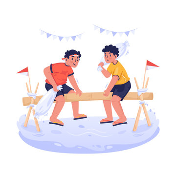 Traditional Pillow Fighting Game Above Water During Independence Day Celebration Vector Illustration