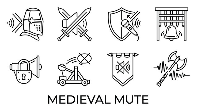 Medieval mute icons armor sword shield microphone bell catapult banner axe sound wave mute symbol.