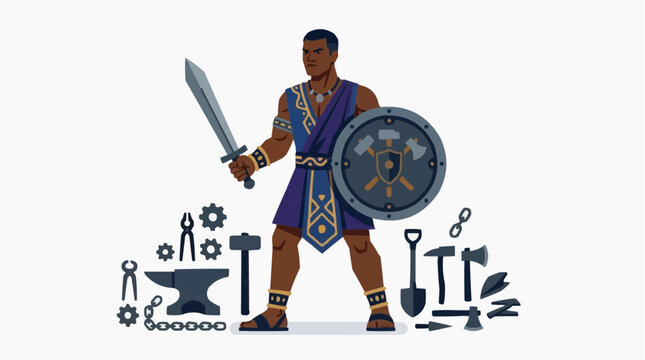 Ogum Orix&aacute; Warrior Sword Shield Iron Tools, Afro-Brazilian Candombl&eacute; Flat Illustration Vector