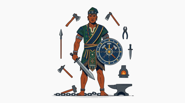 Ogum Orix&aacute; Warrior Sword Shield Iron Tools, Afro-Brazilian Candombl&eacute; Flat Illustration Vector