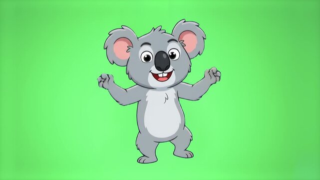 An adorable 2D animated grey koala bear character happily moves its paws and performs a fun dance step against a solid pink background. Ideal for children's educational content, cute mascot branding, 