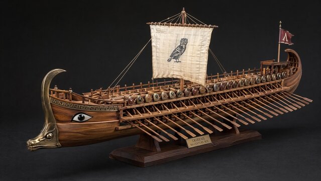 trireme. Detailed wooden model of an ancient trireme warship with rows of oars. mobility guides, transit brochures, designed for transport & logistics marketing, clarifies navigation.
