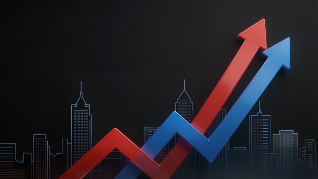 Two arrows rise above a city skyline, symbolizing growth and progress.