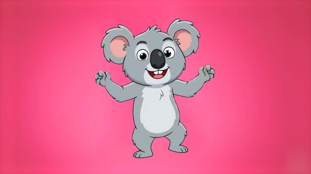 A stylized gray 2D animated koala bear dancing with high energy and a big smile. The playful cartoon animal performance is framed against a solid bright pink studio background.